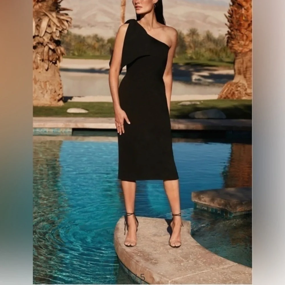 Dress the Population Tiffany Women’s One Shoulder Midi Dress Black Bodycon Sz S